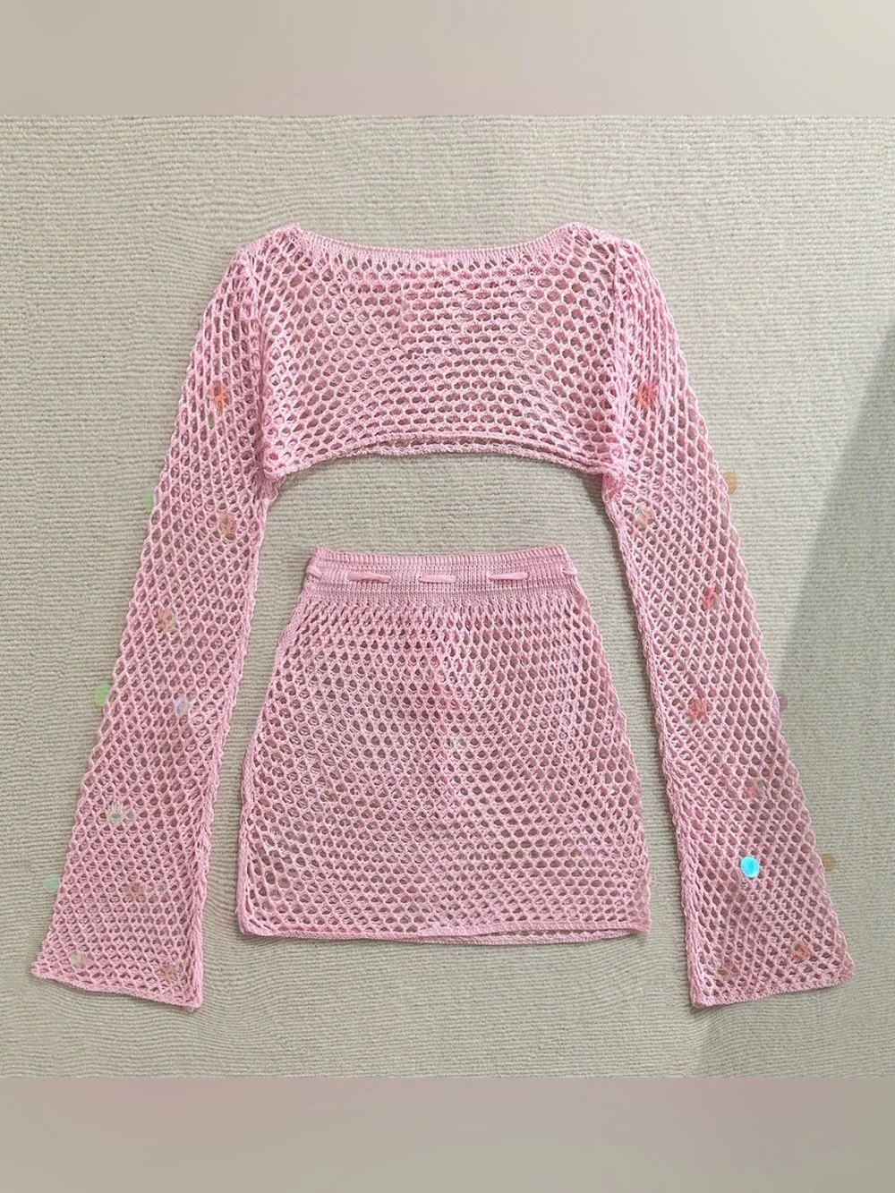 Pink Crochet Two-Piece Set - Cropped Top & Drawstring Skirt